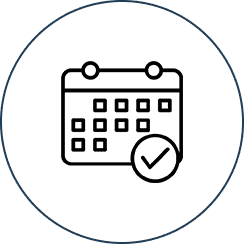 Calendar icon with checkmark inside circle.