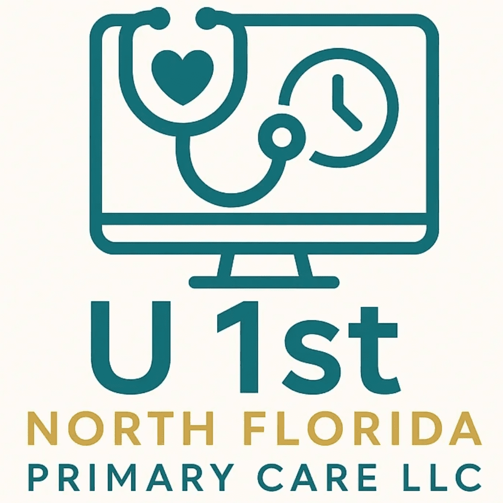 Logo of U 1st North Florida Primary Care LLC with stethoscope and clock on monitor.